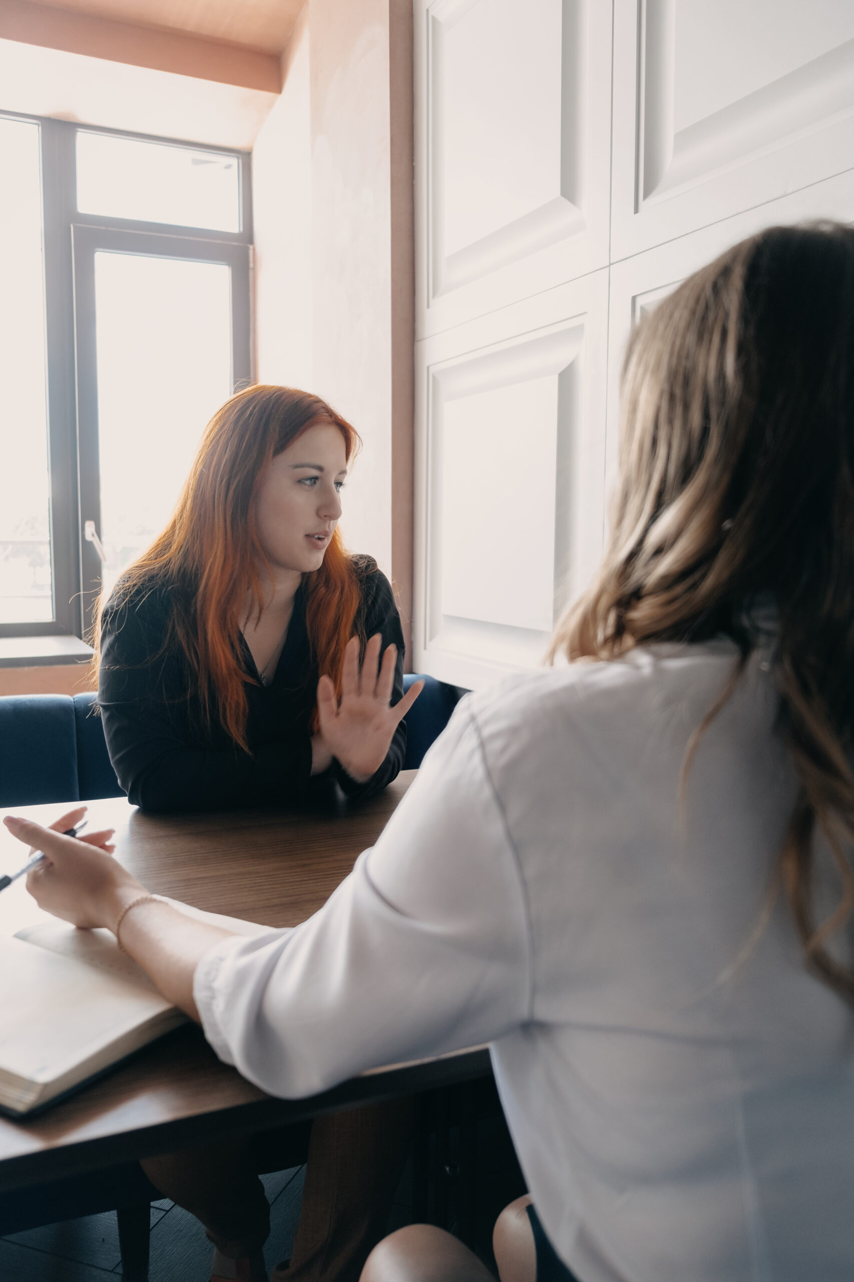 Mental health, wellness, support, emotional stress, therapy concept. Communication session of woman psychologist and client. Psychotherapy or talk therapy Mental health, wellness, support, emotional stress, therapy concept. Communication session of woman psychologist and client. Psychotherapy or talk therapy.